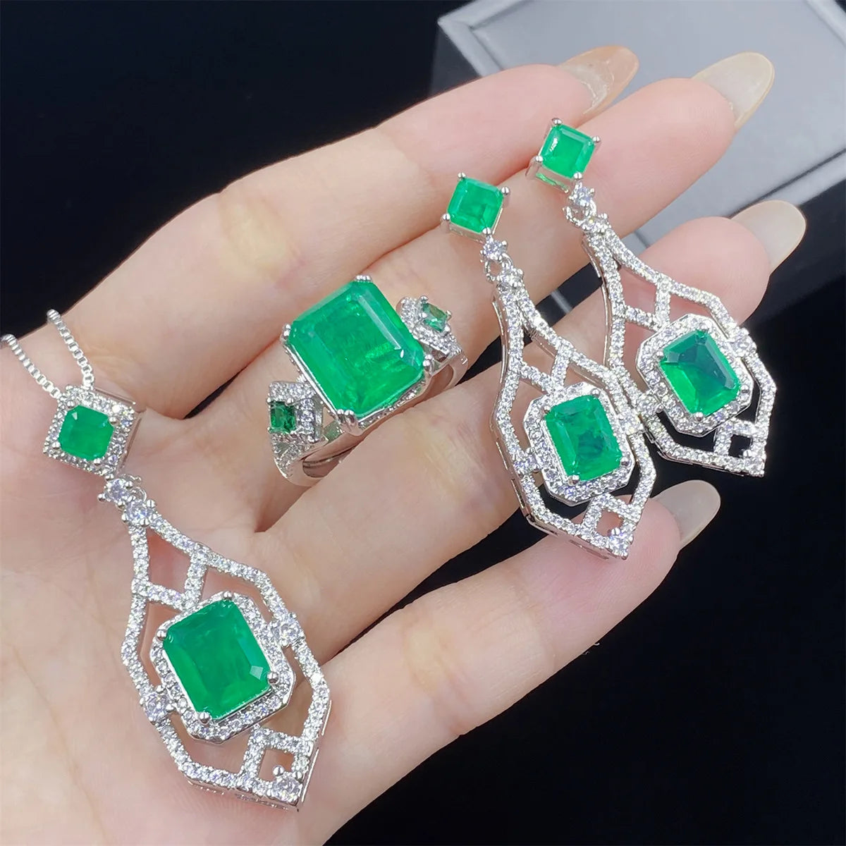 luckacco valuable lab jade diamond jewelry set 925 sterling silver engagement wedding rings earrings necklace for women bridal party gift