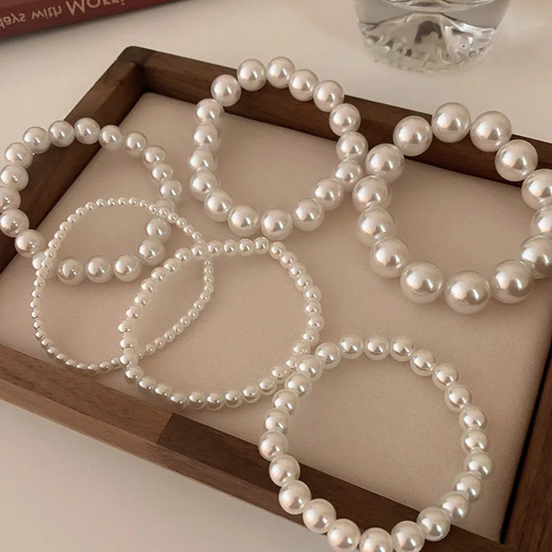 luckacco 4mm-10mm french retro simple white pearl elastic bracelet women's hand bracelets birthday party gift fashion jewelry