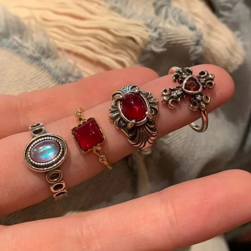 luckacco y2k vintage gothic red crystal cross geometry aesthetic open rings for women punk creative grunge jewelry accessories anillos