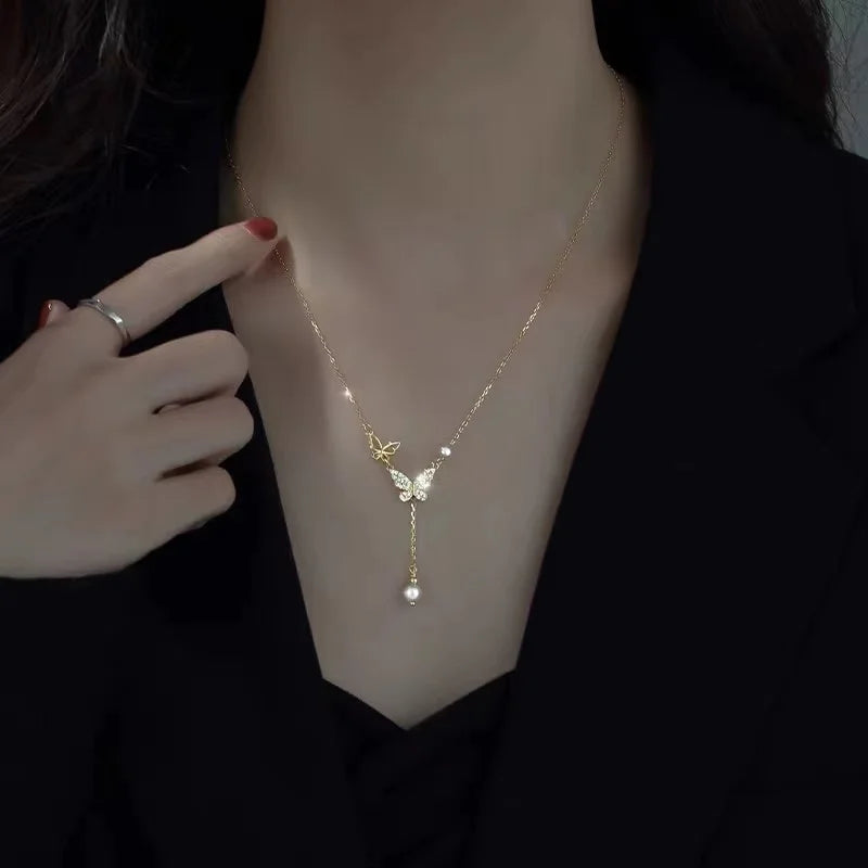 luckacco 2023 new fashion trend unique design delicate vintage zircon flower pearl necklace women jewelry wedding party premium gift