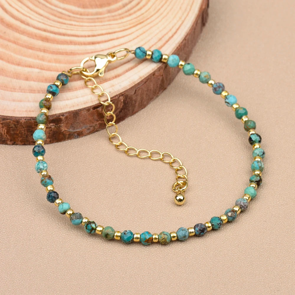 luckacco 1pc 3mm natural turquoise and seed beads bracelet with brass clasp for daily wear birthday stone mother's day gift