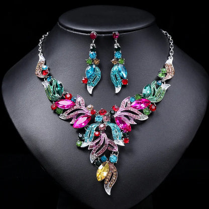 Luckacco Gorgeous Colorful Crystal Rhinestone Lucky Necklace Earring Set Wedding Party Costume Jewellery NewStyle Trendy design Girl Gift