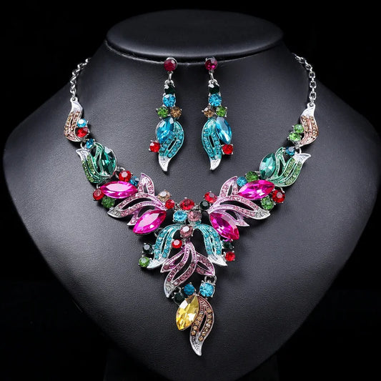 Luckacco Gorgeous Colorful Crystal Rhinestone Lucky Necklace Earring Set Wedding Party Costume Jewellery NewStyle Trendy design Girl Gift