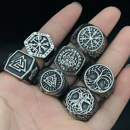 Luckacco Vintage Nordic Viking Ring Stainless Steel Men Ethnic Belief Odin Compass Valknut Tree of Life Ring Amulet Jewelry
