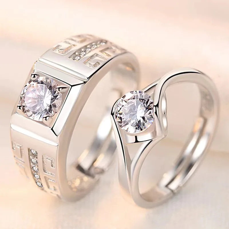 luckacco 2pcs/sets geometric love heart zircon rings paired rings for couple promise matching wedding ring set senior designer jewelry