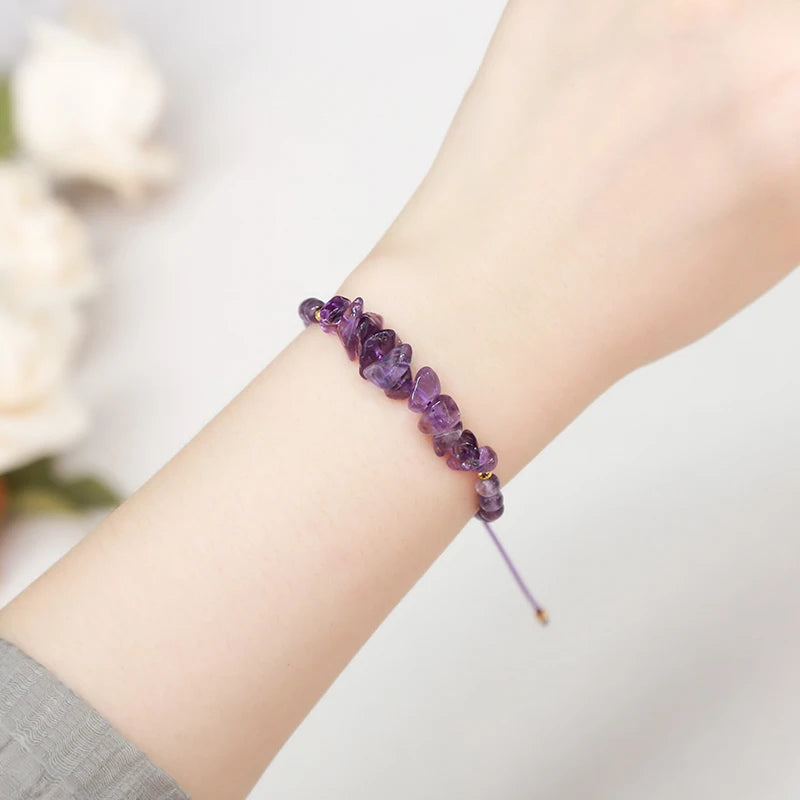 luckacco change better natural stone amethyst gravel chip bead adjustable braided bracelet women men small round bead strand healing gift