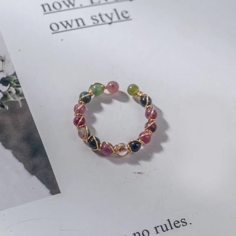 luckacco fashion retro handmade metal wire winding beaded natural stone rainbow tourmaline ring open adjustable ring female charm jewelry