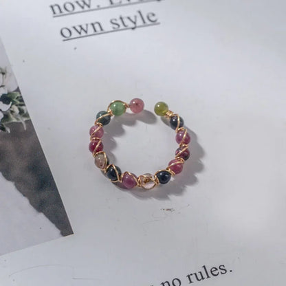 Luckacco Fashion Retro Handmade Metal Wire Winding Beaded Natural Stone Rainbow Tourmaline Ring Open Adjustable Ring Female Charm Jewelry