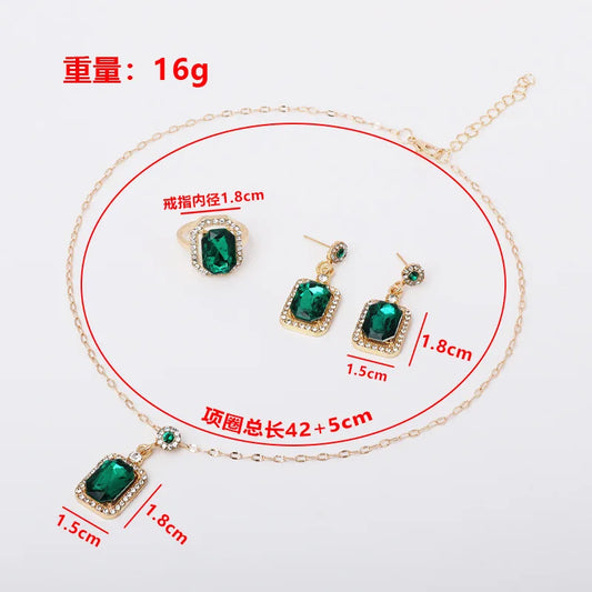 Luckacco Vintage Emerald Sets Unique Design Light Luxury Temperament Earrings  Pendant Necklace Rings Three-Piece Sets Trend Jewerly Set