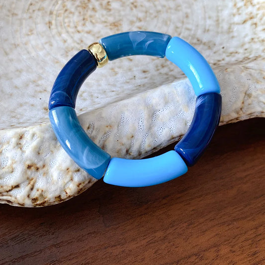 Luckacco Splicing Bamboo Tube Acrylic Smudging Bangles for Women Men Fashion Geometric Elastic Bracelets Bangles Jewelry Couple Gifts F