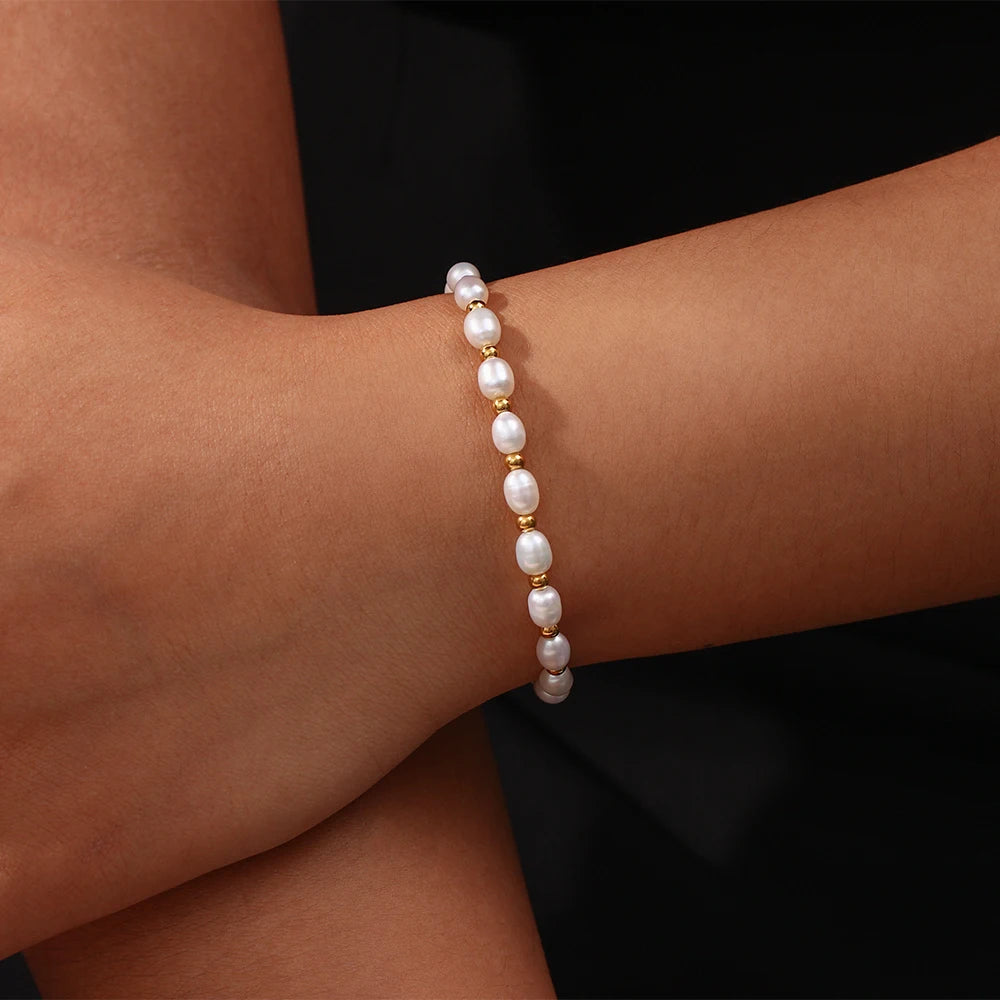 luckacco e.b.belle gold color beads freshwater pearls mixed adjustable stainless steel chain bracelet bangles for women elegant jewelry