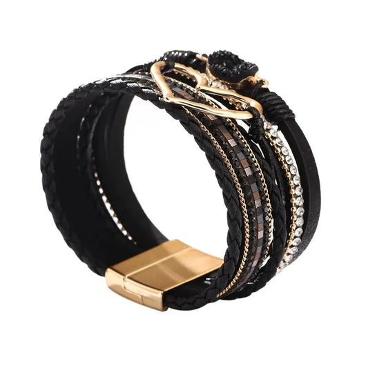 Luckacco New Metal Love Heart Charm Leather Bracelets for Women Fashion Bohemian Rhinestone Resin Wrap Bracelet Bangle Couple Jewelry