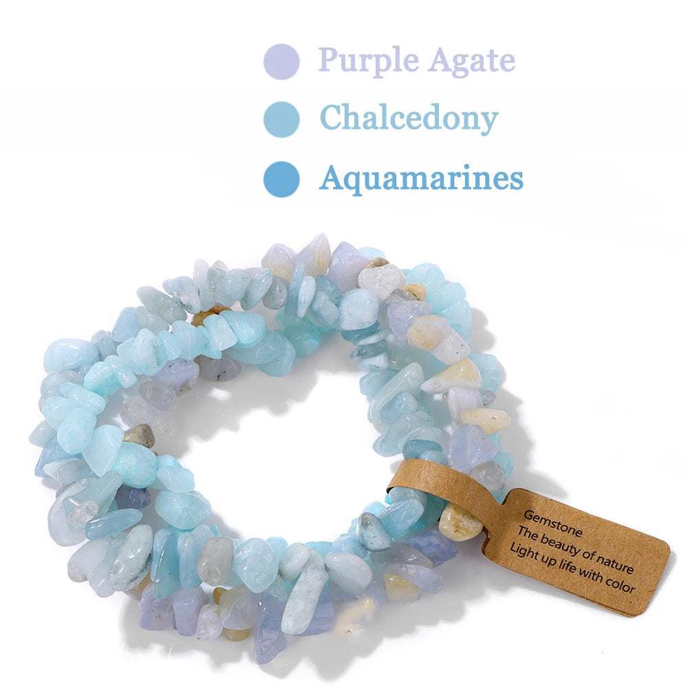 luckacco 3pcs natural chip stone bracelet set irregular fluorite quartzs stretch bracelet with tag healing jewelry gifts for women men