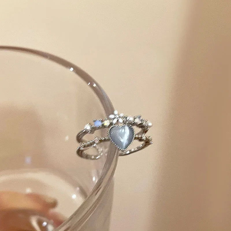 luckacco new y2k crystal rings kpop heart adjustable ring irregular geometry punk vintage rings set for women girls 2025 fashion jewelry