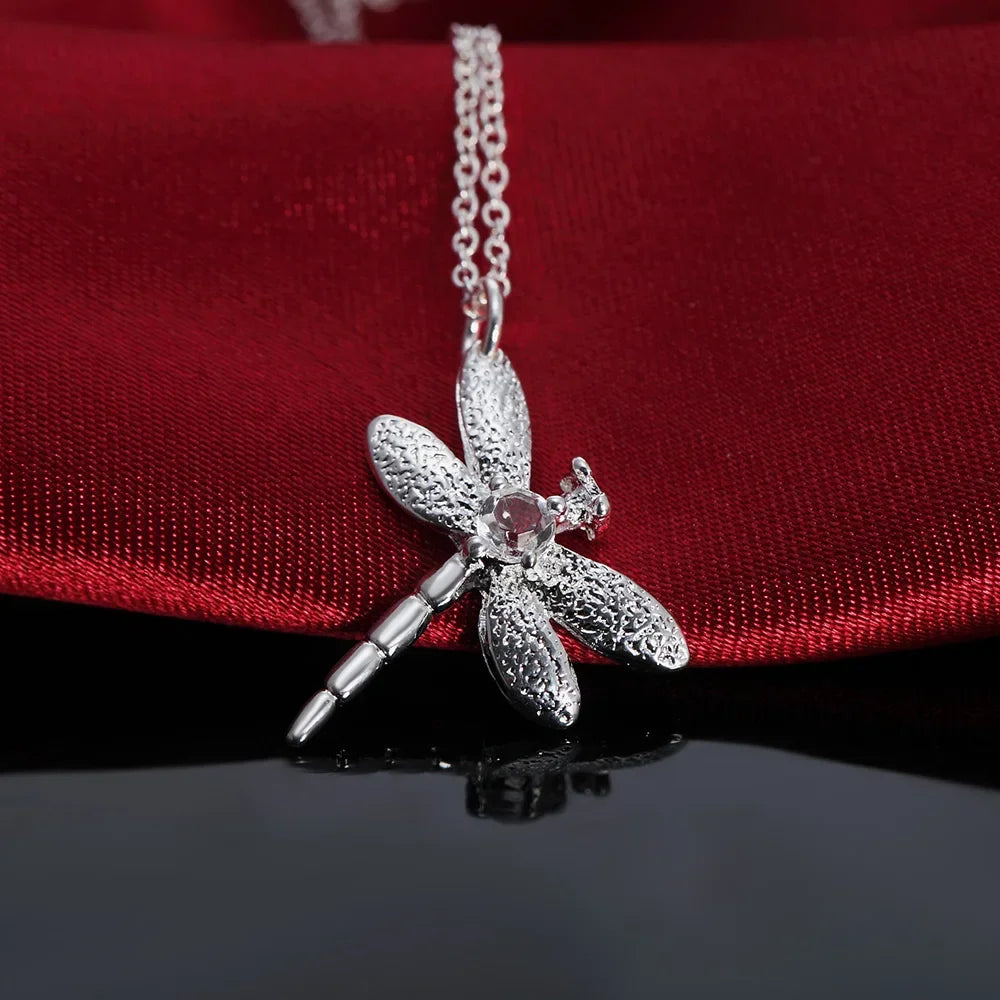 luckacco 925 sterling silver crystal dragonfly necklace earring rings jewelry set for women party wedding  accessories gifts