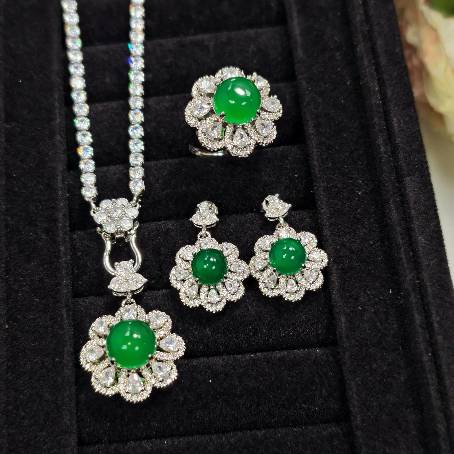 luckacco valuable lab jade diamond jewelry set 925 sterling silver engagement wedding rings earrings necklace for women bridal party gift