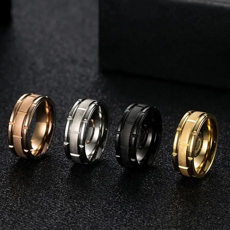luckacco fashion men 8mm rose gold color stainless steel rings double groove pattern promise rings for men wedding jewelry accessories