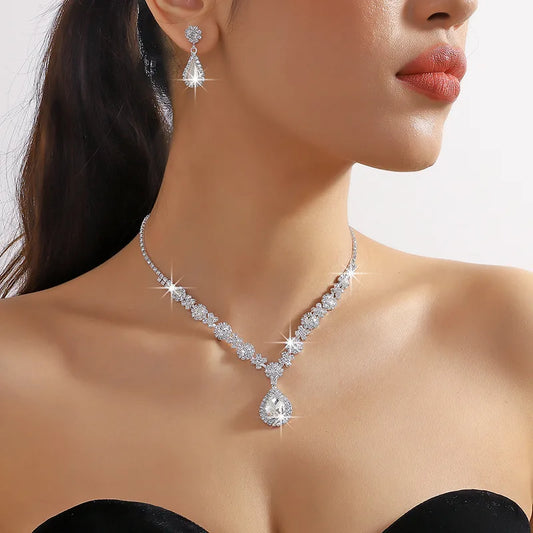 Luckacco 3 pieces of women's crystal droplet necklace with earrings set for wedding evening dress accessories