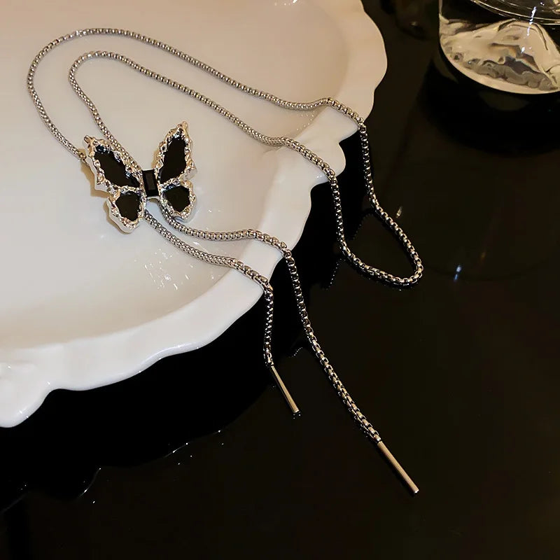luckacco gothic black butterfly necklace for women silver color butterfly pendant adjustable snake bone chain punk hiphop jewelry party