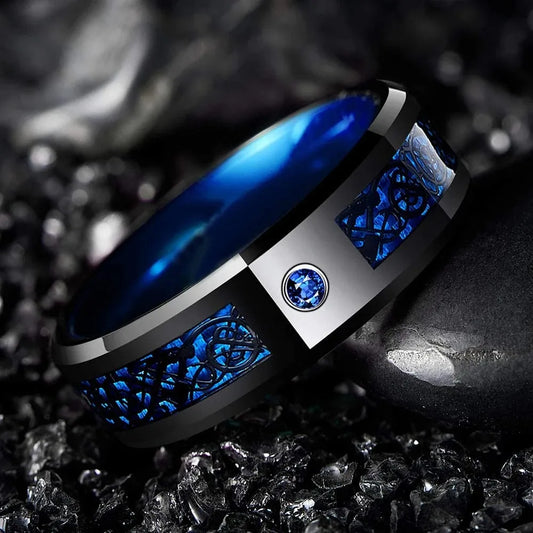 Luckacco Fashion 8mm Black Tungsten Wedding Celtic Dragon Rings Inlaid Blue Zircon Stainless Steel Rings for Men Blue Carbon Fibre Ring