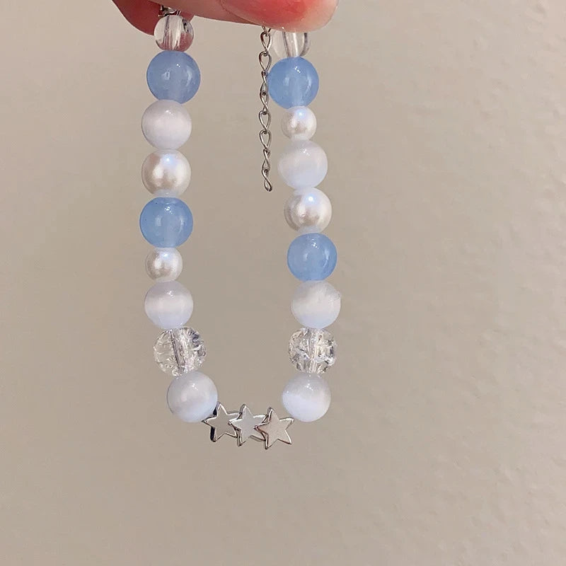 luckacco harajuku pentagram pearl beaded bracelets for women 2023 korean aesthetic cute star blue glass ball bracelets y2k jewelry gifts