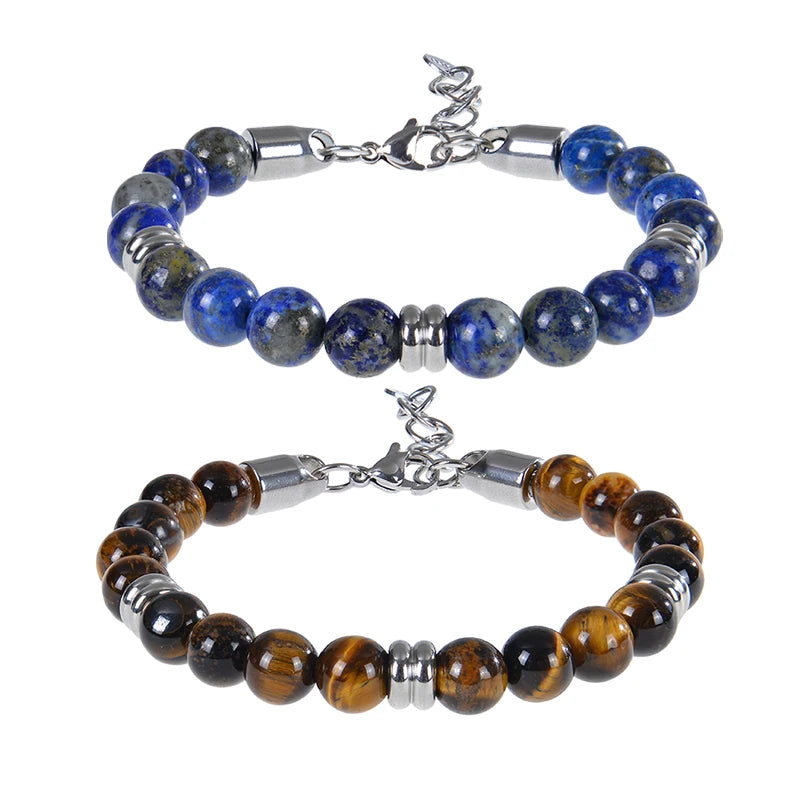 luckacco 8mm natural stone lapis lazuli beaded bracelet adjustable stainless steel chain bracelet for men women handmade jewelry gifts