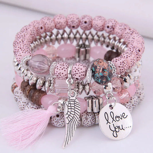 Luckacco elite Bohemian Multicolor Pink Crystal Beads Bracelets Women Girls Elastic Tassel Wing Letters Rope Bracelet Pulseira Feminina