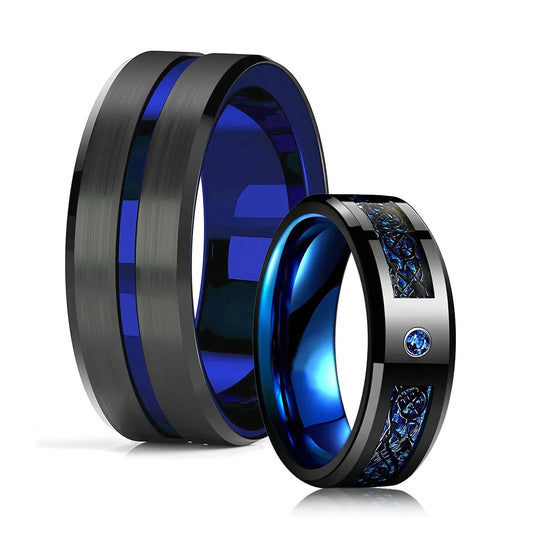 Luckacco Fashion 8mm Black Tungsten Wedding Celtic Dragon Rings Inlaid Blue Zircon Stainless Steel Rings for Men Blue Carbon Fibre Ring