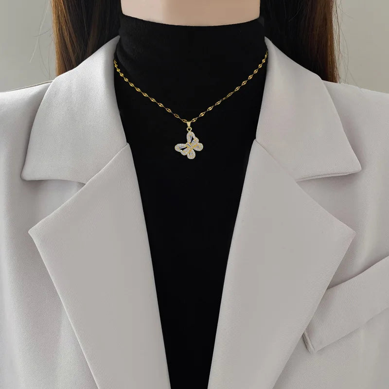 luckacco 2pcs stainless steel hollow crystal butterfly pendant necklace earrings sets for women luxury daily wear jewelry set birthday