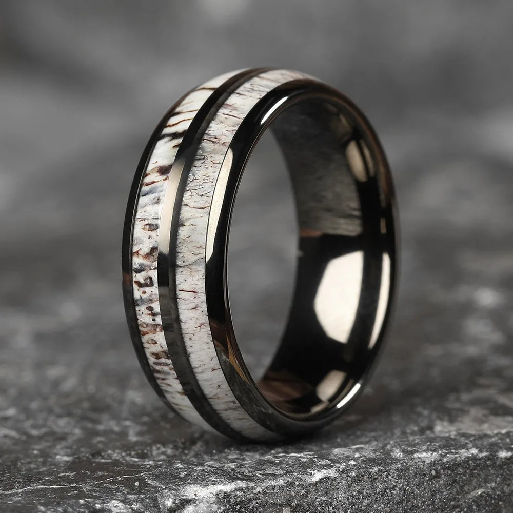 luckacco fashion 8mm silver color stainless steel rings for men double groove meteorite inlay dome men finger ring wedding band jewelry