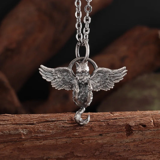 Luckacco Classic Retro Silver Plated Cute Pet Wing Cat Pendant Necklace for Men Women Fashion Personalized Clavicle Chain Jewelry Gifts