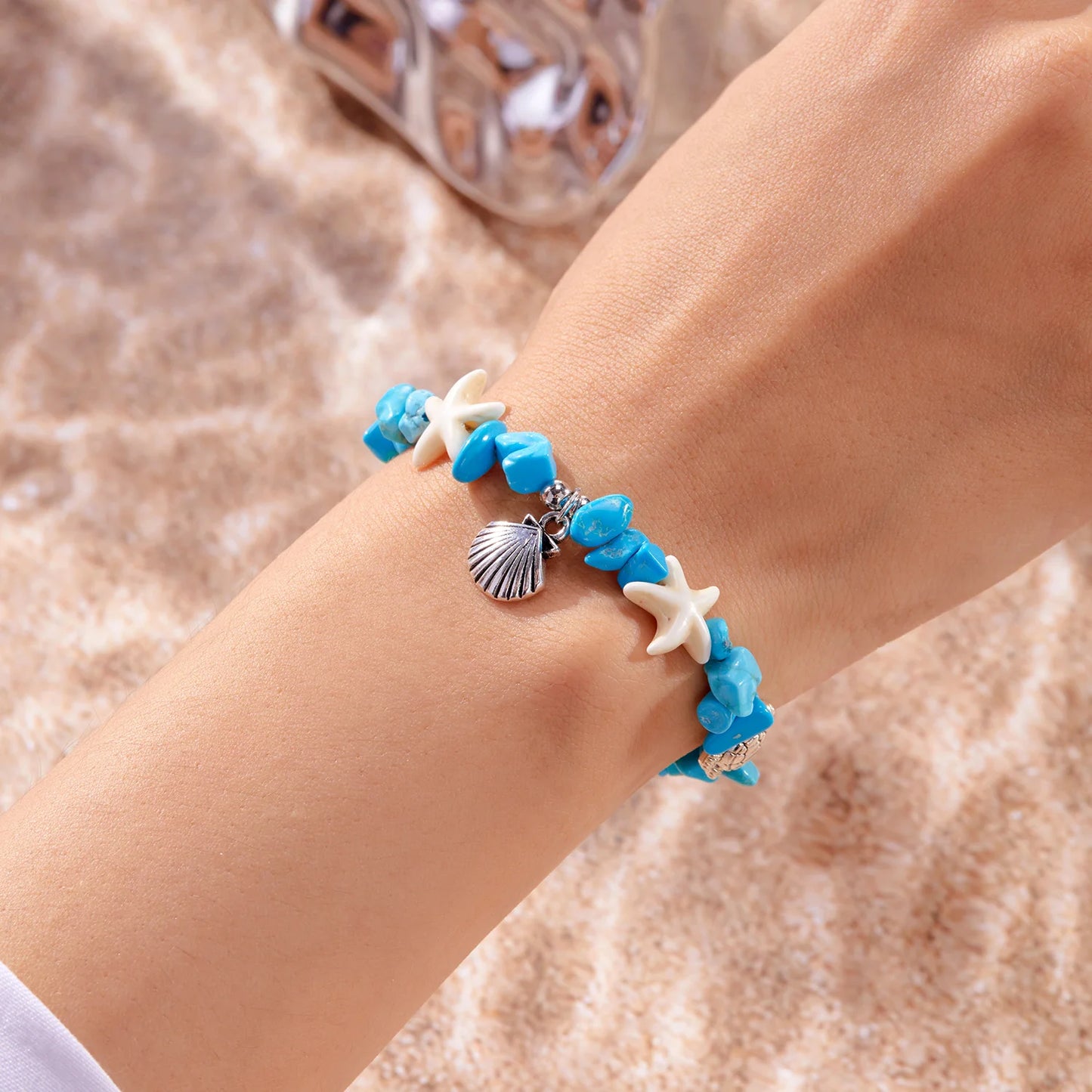 luckacco natural crystal stone shell bracelet bohemian painted shell starfish anklet beaded bracelet for women beach jewelry gifts