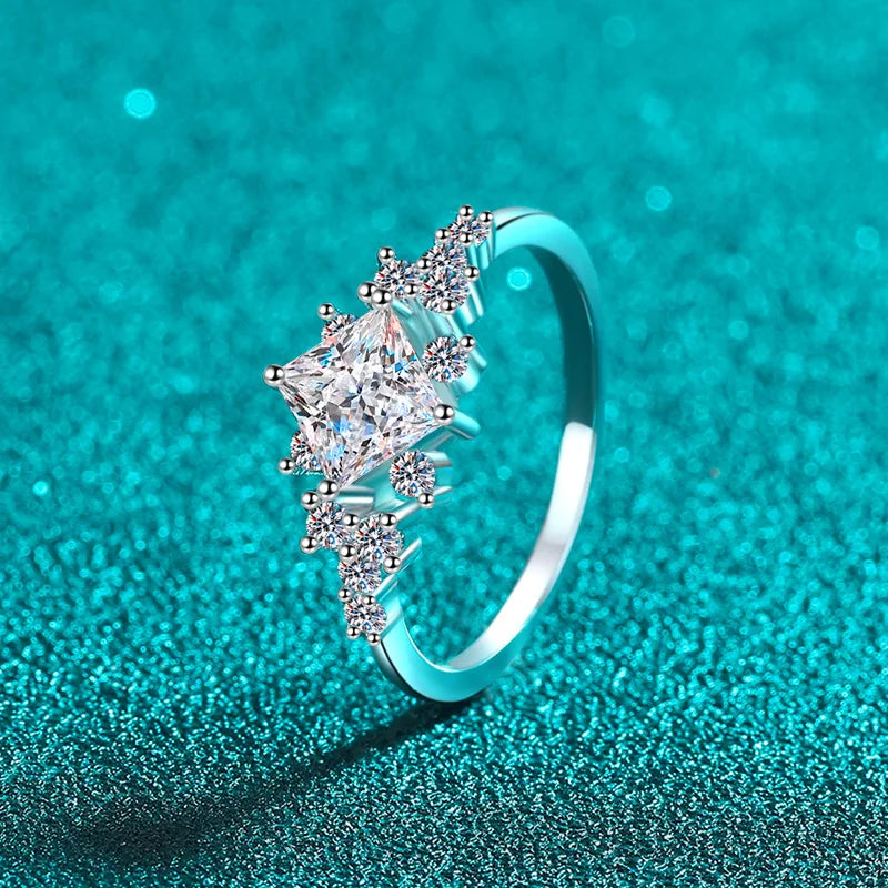 luckacco luxury 18k white gold wedding ring 1ct d color real moissanite square geometric design ring exquisite women's jewelry