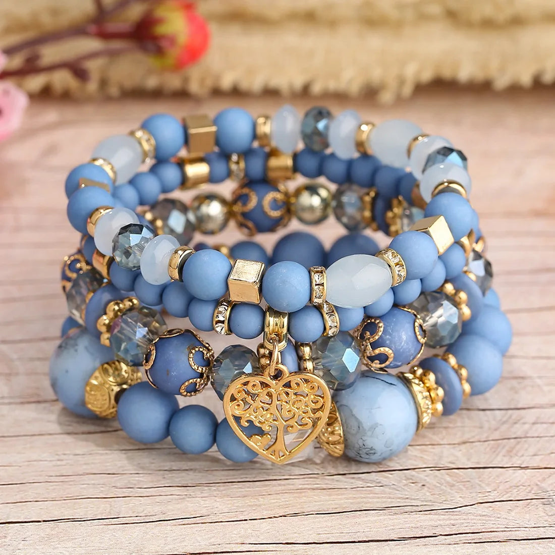 luckacco new acrylic beads chain bracelet set for women tree of life charm elastic bangle female bohemian jewelry accessories