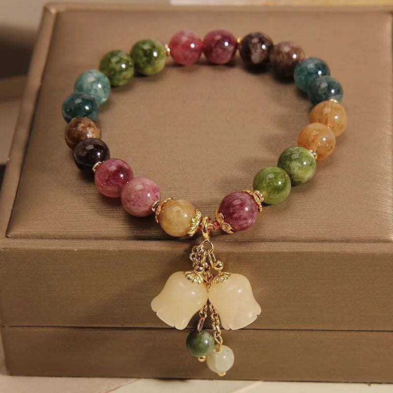 luckacco exquisite natural stone bracelet elegant lily of the valley flower pendant elastic beaded bracelets for women party jewelry gift
