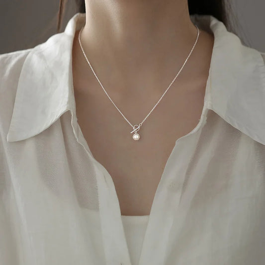 Luckacco New Trendy Fashion 925 Silver Pearl Simple Elegant Thin Chain Pendant Necklace for Women Girl Jewelry Dropship