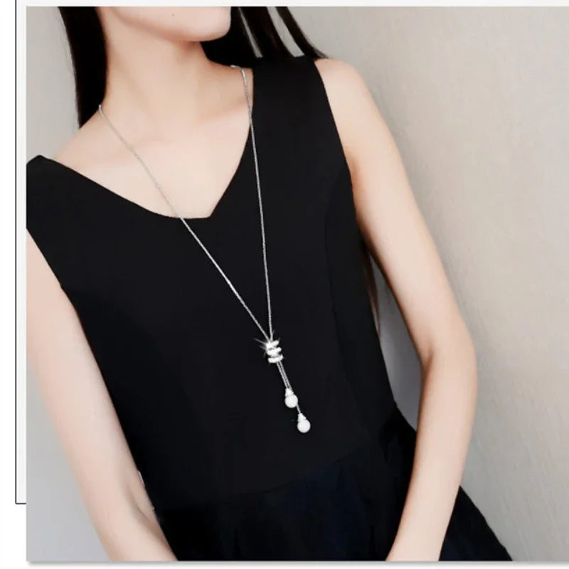 luckacco classic simple long pearl spiral adjustable pendant necklace for women charm zircon sweater chain exquisite jewelry accessories