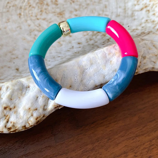 Luckacco Splicing Bamboo Tube Acrylic Smudging Bangles for Women Men Fashion Geometric Elastic Bracelets Bangles Jewelry Couple Gifts F