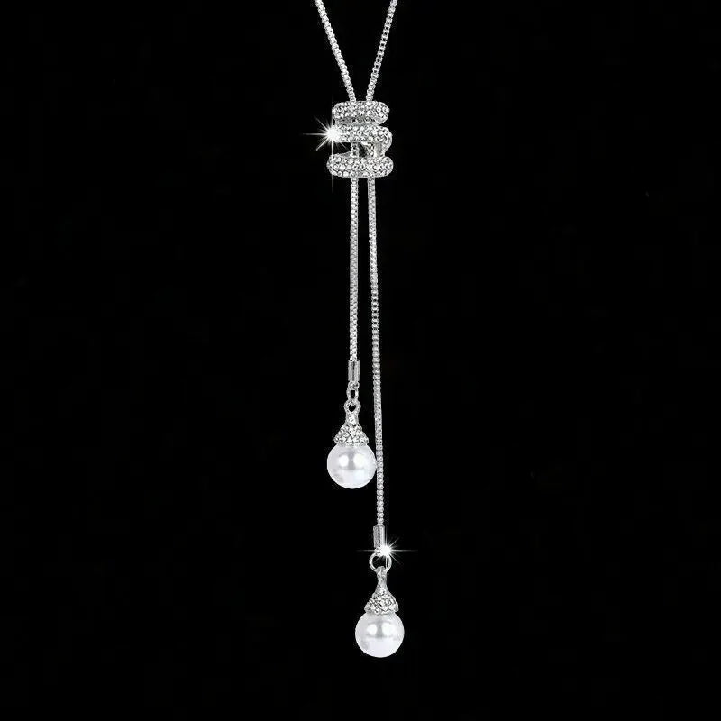 luckacco classic simple long pearl spiral adjustable pendant necklace for women charm zircon sweater chain exquisite jewelry accessories