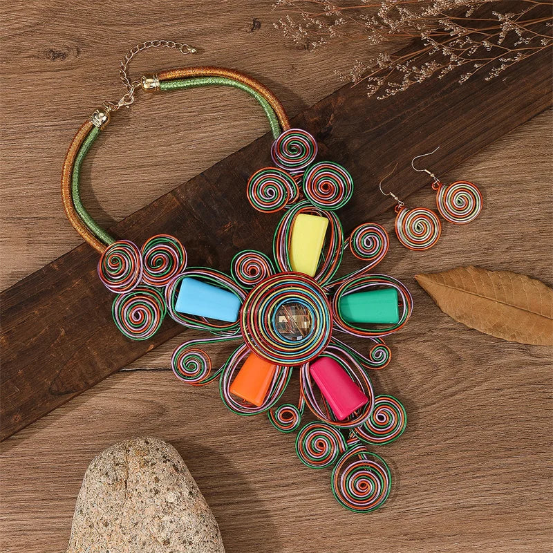 luckacco new exaggerate aluminium flower colorful jewelry set for women african bridal necklace earrings set party jewellery gifts