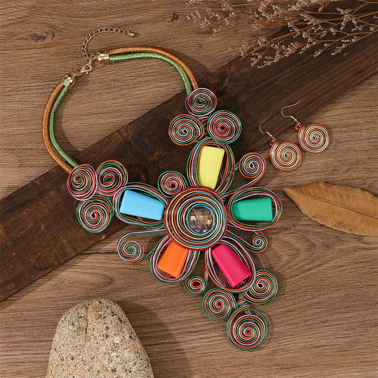 Luckacco New Exaggerate Aluminium Flower Colorful Jewelry Set for Women African Bridal Necklace Earrings Set Party Jewellery Gifts