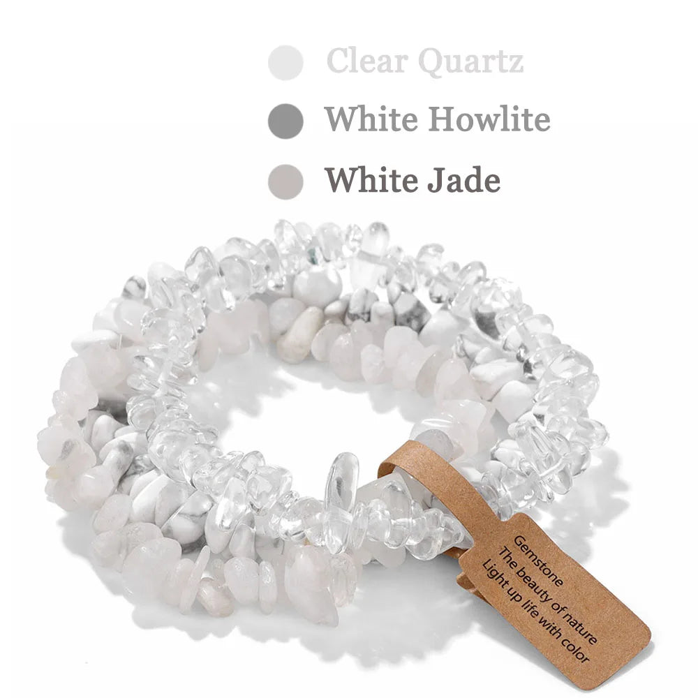 luckacco 3pcs natural chip stone bracelet set irregular fluorite quartzs stretch bracelet with tag healing jewelry gifts for women men