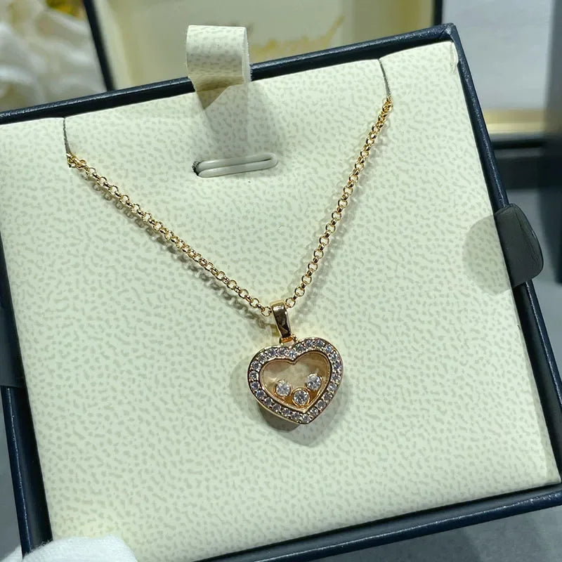 luckacco high quality happy move stone zircon love heart pendant necklace sets for women fashion jewelry party gift