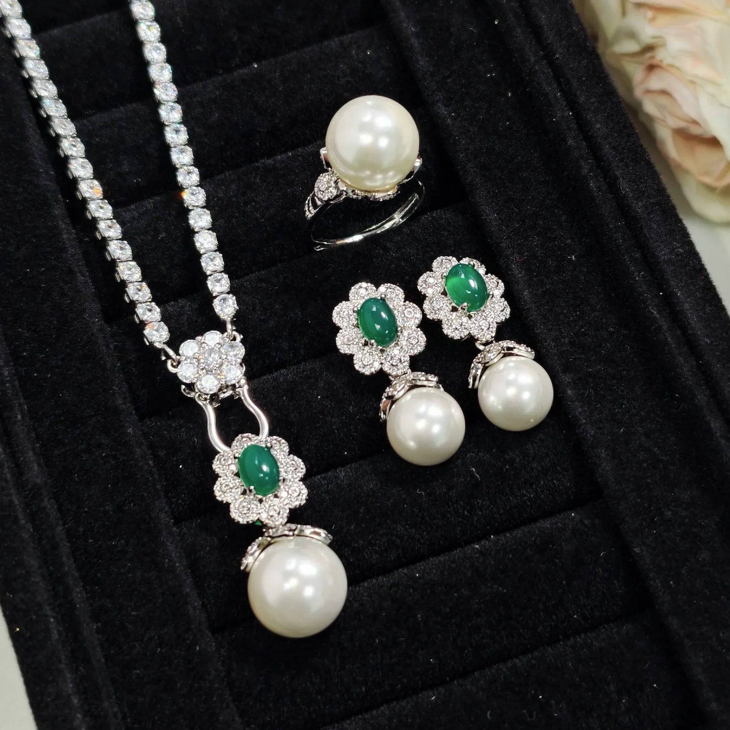 luckacco valuable lab jade diamond jewelry set 925 sterling silver engagement wedding rings earrings necklace for women bridal party gift