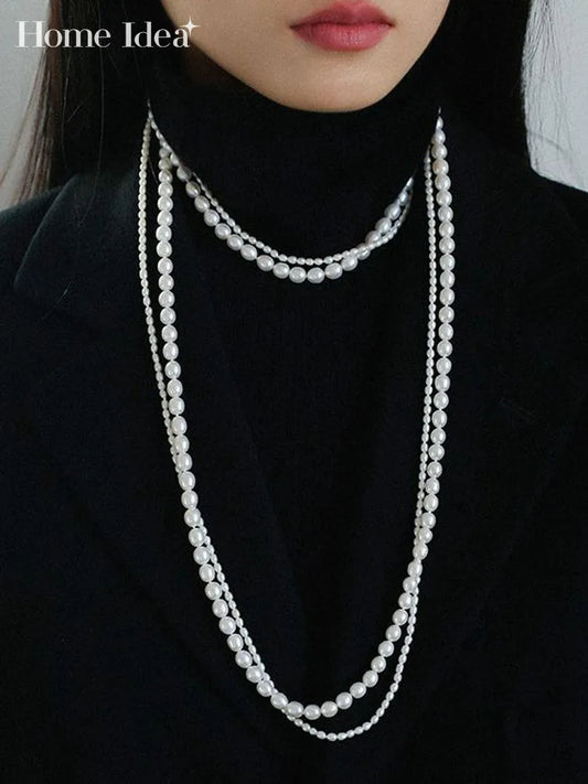 Luckacco Women Elegant Multilayer Long Freshwater Pearls Necklace Sweater Chain Jewelry Fashion Eight Buckle Necklaces
