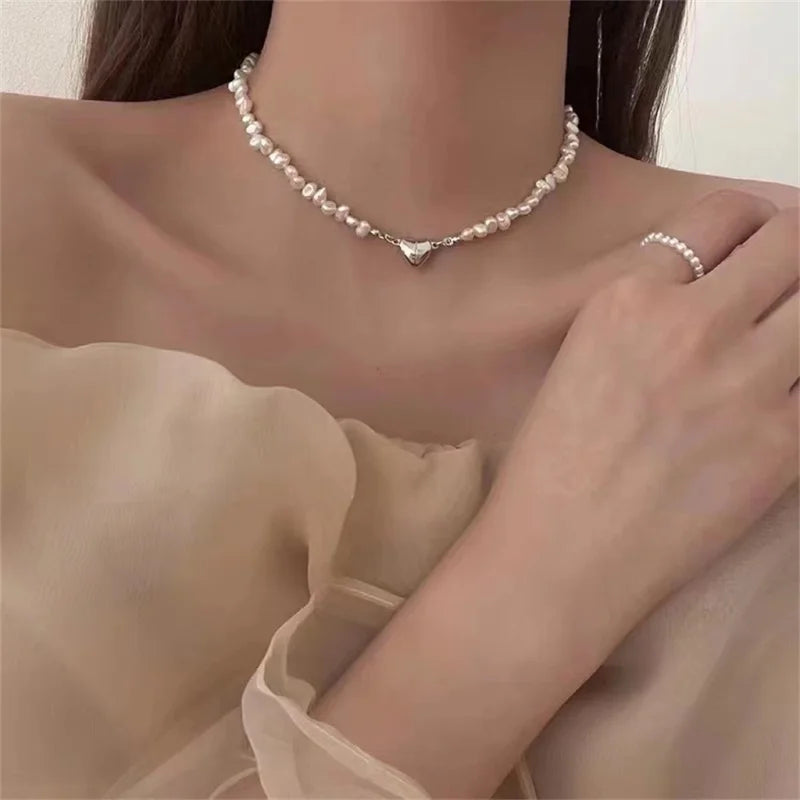luckacco korean fashion pearl chain choker necklace for women girls 2022 trend jewelry heart pendant necklace bridal engagement