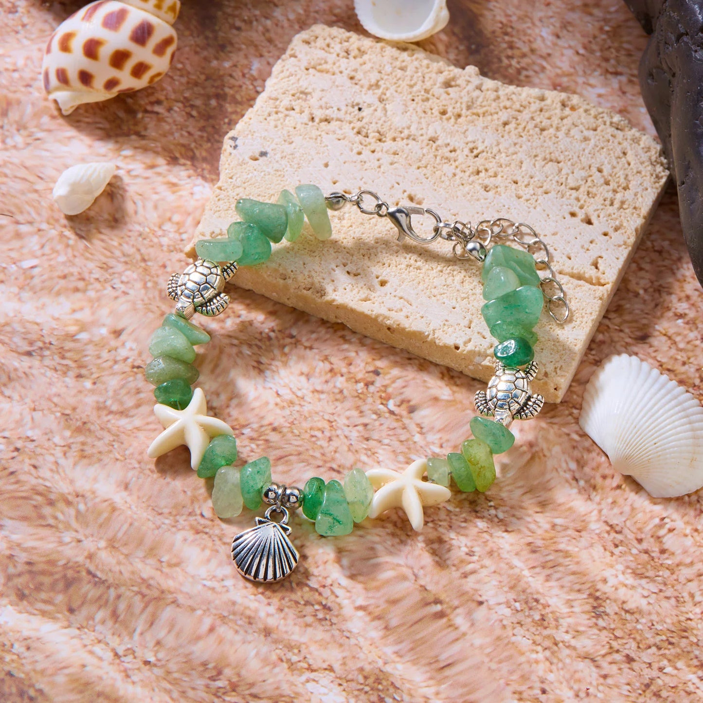 luckacco natural crystal stone shell bracelet bohemian painted shell starfish anklet beaded bracelet for women beach jewelry gifts