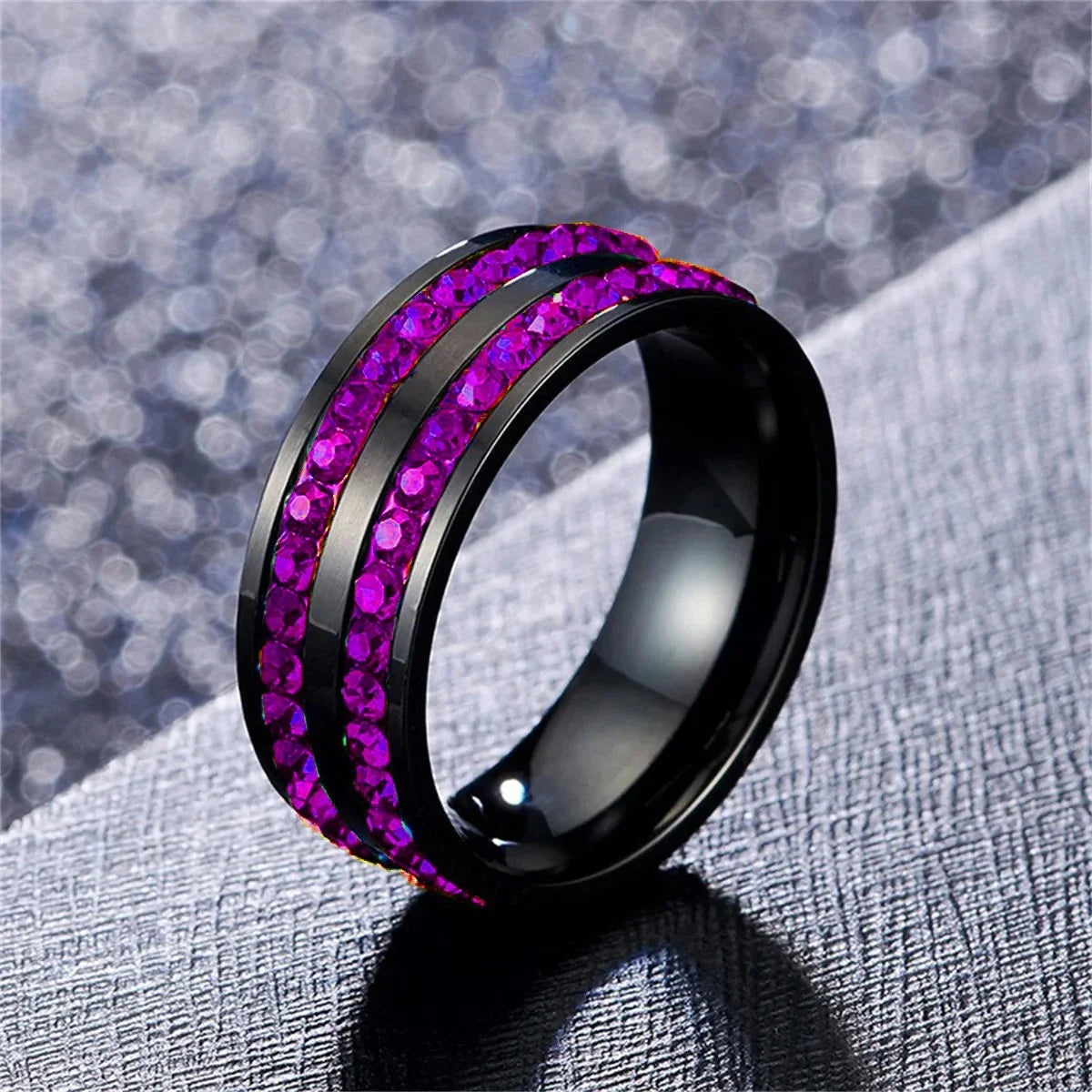 luckacco fashion couple rings charm purple rhinestones cz women rings set trendy men stainless steel zirconia ring wedding band jewelry