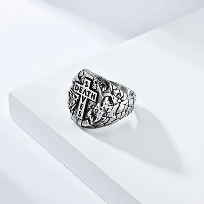 Luckacco Vintage Exorcism Saint Benedict Cspb Cross Ring Men Punk Amulet Christianity Rings Stainless Steel Jewelry Gift