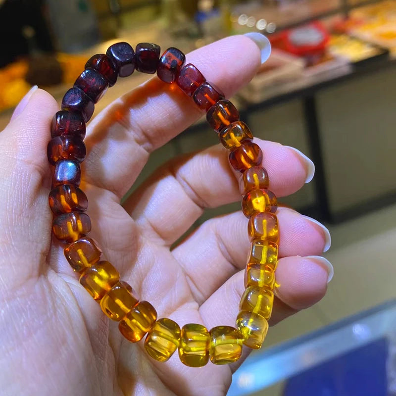 luckacco 6mm natural baltic amber bracelet for women fashion rainbow gradient color square elasticity aldult amber bead jewelry gift